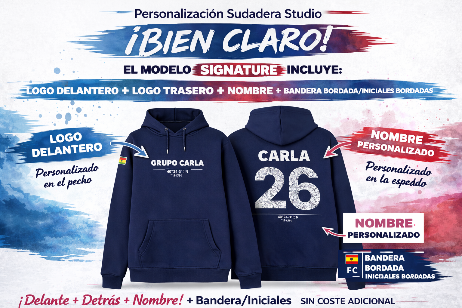 Logo trasero + nombre personalizado + logo delantero + bandera o iniciales bordadas 